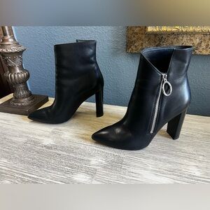 PAIGE Black Leather Pointed Ankle Booties with Ring Zip